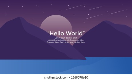 Vector banners with lake, hills, moon and night sky landscape illustration