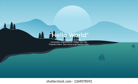 Vector banners with landscape illustration of lake, hills sun, trees and sailboats