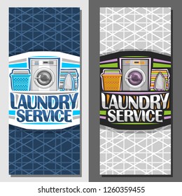 Vector banners for Laundry Service, leaflets with automatic washing machine, basket with linens, electric iron and stack of towels, original typeface for words laundry service on abstract background.