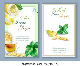 Vector banners with lemon, root and slices of ginger and mint  on white background.  Design for tea,  cosmetics, menu, healthcare products. 