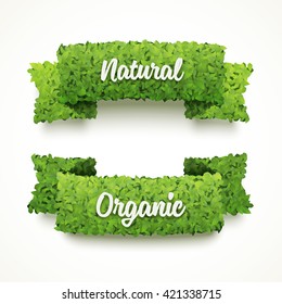 Vector banners made of green leaves. Natural and organic banner templates. Ecology banner design. Set of two banners.