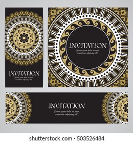 Vector banners with mandala in black, gold and white colors. Based on ancient greek, islamic and turkish ornaments. For invitation, banner, postcard or flyer.