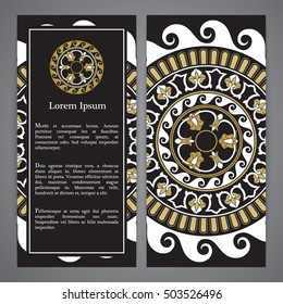 Vector banners with mandala in black, gold and white colors. Based on ancient greek, islamic and turkish ornaments. For invitation, banner, postcard or flyer.