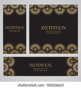 Vector banners with mandala in black, gold colors. Based on ancient greek, islamic and turkish ornaments. For invitation, banner, postcard or flyer.