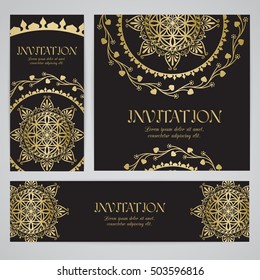 Vector banners with mandala in black, gold colors. Based on ancient greek, islamic and turkish ornaments. For invitation, banner, postcard or flyer.