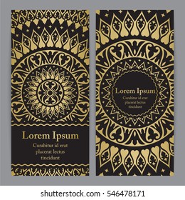 Vector banners with mandala in black, gold colors. Based on ancient greek, islamic and turkish ornaments. For invitation, banner, postcard or flyer.