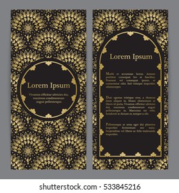 Vector banners with mandala in gold and black colors. Based on ancient greek, islamic and turkish ornaments. For invitation, banner, postcard or textile.
