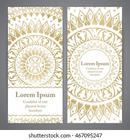 Vector banners with mandala in gold color. Based on ancient greek, islamic and turkish ornaments. For invitation, banner, postcard or textile.