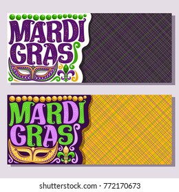 Vector banners for Mardi Gras carnival, invite tickets with purple venetian mask, original font for festive text mardi gras on yellow, fleur de lis & green beads, layouts for carnival in New Orleans.