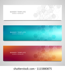 Pancartas vectoriales para medicina, ciencia y tecnología digital. Fondo geométrico abstracto con diseño hexagonal. Estructura molecular y compuestos químicos
