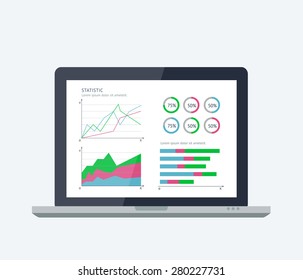 Vector banners with mobile statistics concept. Illustration of modern laptop with graphs and diagrams on the screen. Finance statistics report, statistic analysis.