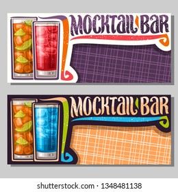 Vector banners for Mocktail Bar with copy space, 2 non alcoholic drinks, original lettering for words mocktail bar, chilled alcohol free cocktails with fresh lemon and ice cubes for fun beach holiday.