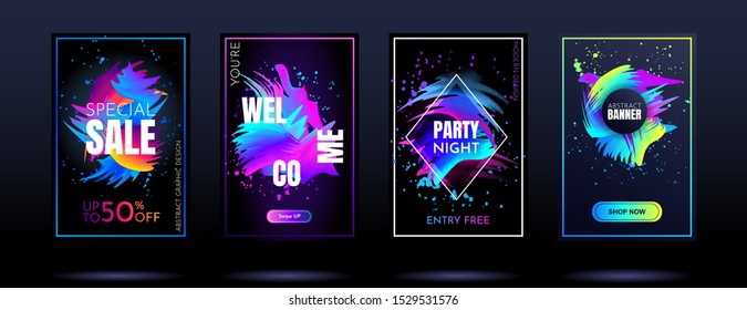 Vector Banners. Modern Art Design. Element For Design Business Cards, Invitations, Gift Cards, Flyers And Brochures. Gradient 3d Brush. Party Dance Banners. Color Paint Splash. Neon Light On Dark 