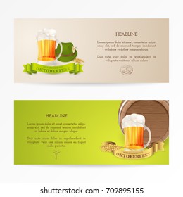 Vector banners with mug of beer, wooden barrel, gold and green ribbons, wheat and hat with feathers for design flyers and posters of Beer festival. Title on the illustration: Welcome to Oktoberfest