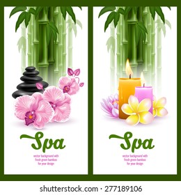 Vector banners on spa theme with bamboo, massage stone, frangipani, candles and orchids