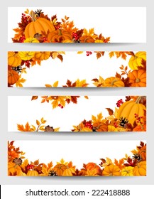 Vector banners with orange pumpkins and autumn leaves.