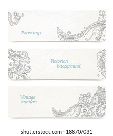 Vector banners with ornaments - engraving style fish and floral swirls