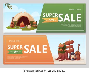 Vector banners for outdoor adventure sale. Camping gear promotion with tent, backpack, guitar, fire, and lantern. Special offer design for hiking and travel brands.