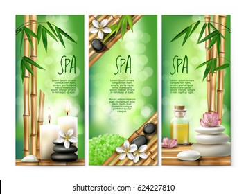 Vector banners in realistic style with aromatic salt, massage oil, candles, schungite on the background of bamboo shoots. Excellent green advertising posters for the spa salon.