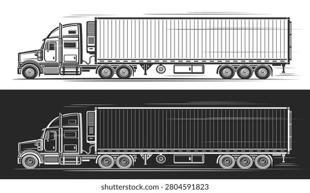 Vector banners for Reefer Truck, horizontal automotive logo with line illustration of monochrome diesel trailer truck in moving, running on freeway outline reefer truck on black and white background