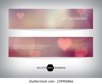 Vector banners with retro blurry soft photographic background and heart shaped bokeh. Vintage film effect. Purple romantic shades. 