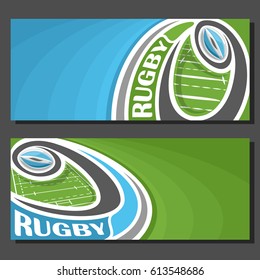 Vector banners for Rugby game: thrown blue rugby ball on curve trajectory flying above sports field, 2 template tickets to sporting tournament with empty for title text on green abstract background.