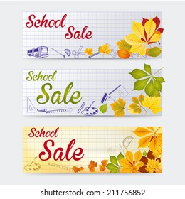 Vector banners. School Sale.  Red yellow and green autumn vector leaves on a notebook background.
