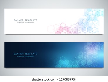 Vector banners for science and digital technology. Geometric abstract background with hexagons design. Molecular structure and chemical compounds