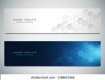 Vector banners for science and digital technology. Geometric abstract background with hexagons design. Molecular structure and chemical compounds