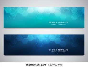 Vector banners for science and digital technology. Geometric abstract background with hexagons design. Molecular structure and chemical compounds