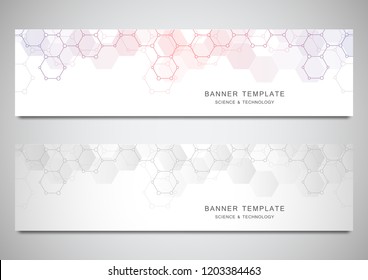 Vector banners for science and digital technology. Geometric abstract background with hexagons design. Molecular structure and chemical compounds
