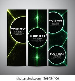 Vector banners set with Abstract green circle lights pattern technology background. Vector illustration.