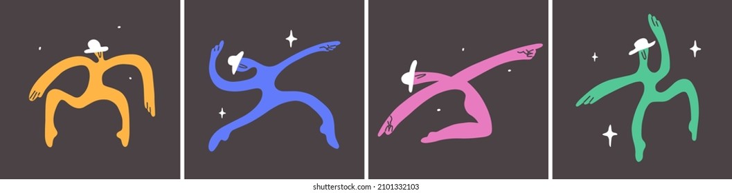 Vector banners set with abstract people dancing on black background. Neon color characters make different dance movement. Disproportionate persons in various pose. Isolated illustration of silhouettes