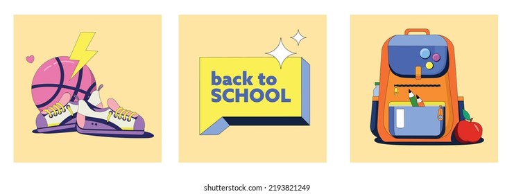 Vector banners set back to school. The illustration shows a school ball and sneakers in bright colors. Backpack with pencils and text bubble in flat style on a background. Vintage collection