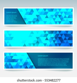 Vector banners set with blue polygonal abstract triangles. Abstract polygonal low poly banners.  