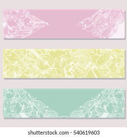 Vector Banners Set. Collection of Music Instruments. Hand drawn illustration in doodle style.