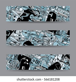 Vector Banners Set. Collection of Music Instruments. Hand drawn illustration in doodle style.