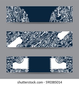 Vector Banners Set. Collection of Music Instruments. Hand drawn illustration in doodle style.