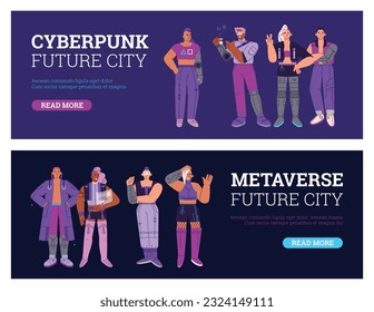 Vector banners set with cyberpunk robotic people from future metaverse city. Cyborg human with bionic prostheses. Cartoon characters of humanoid and artificial intelligence. Scientific innovations
