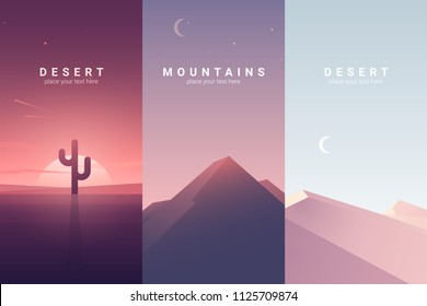 Vector banners set with desert and mountain landscape. Background illustration