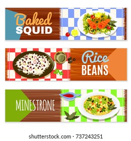 Vector banners set of dishes. Baked calamari, minestrone, rice beans