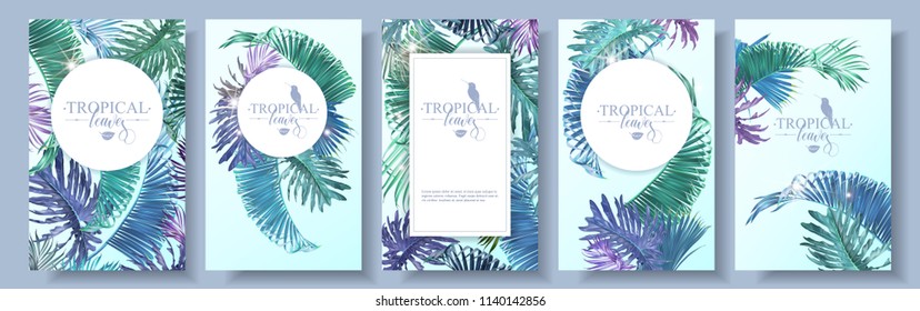 Vector banners set with emerald violet tropical leaves and sunlight on blue background. Exotic botanical design for cosmetics, spa, perfume, web page, wedding invitation. Best for summer party