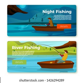 Vector banners set - fisherman on boat, day and night scenes. Forests, trees, mountains and hills on green background. Template with place for your text.