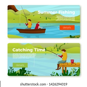 Vector banners set - fishermans on river boat and on the bank. Forests, trees, mountains and hills on green background. Template with place for your text.