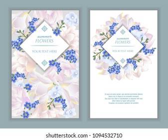 Vector banners set with forget me not, tulips and violets flowers.Template for greeting cards, wedding decorations, sales. Spring or summer design.