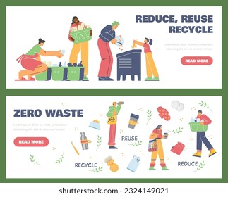 Vector banners set in green frame of reduce, reuse, recycle and zero waste concept. Illustrations of disproportionate characters people use biodegradable things, make compost, sorting garbage