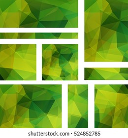 Vector banners set with green polygonal abstract  triangles.  Abstract polygonal low poly banners. 
