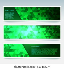 Vector banners set with green polygonal abstract triangles. Abstract polygonal low poly banners.  