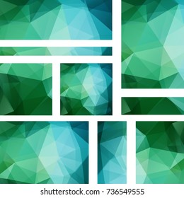 Vector banners set with  green polygonal abstract triangles. Abstract polygonal low poly banners.