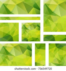 Vector banners set with green polygonal abstract triangles. Abstract polygonal low poly banners.
